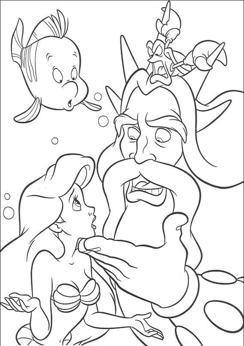 kolorowanka Ariel, zatroskany król Tryton, wściekły krab Sebastian i zdumiona rybka Florek, bajka Disney Mała Syrenka, obrazek do wydruku i pokolorowania kredkami numer 31